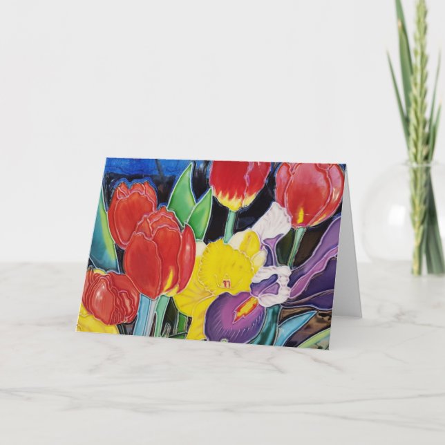 Carte De Remerciements Tulipes rouges, jonquille jaune et Iris pourpre (Devant)