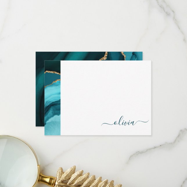 Carte De Remerciements Turquoise Aqua Blue Green Agate Geode Gold Monogra (Devant/Arrière en situation)
