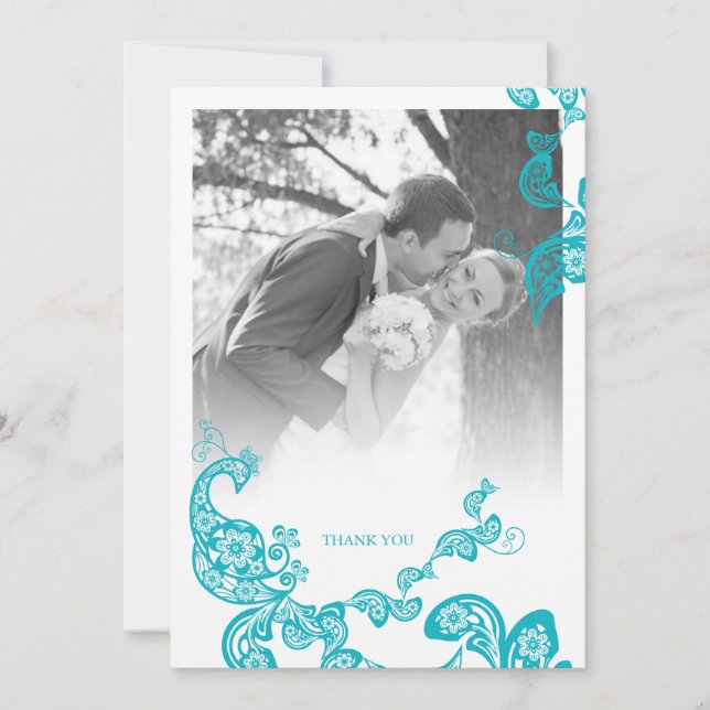 Carte De Remerciements Turquoise Bleu Bohème Paisley Paon Photo Mariage (Devant)