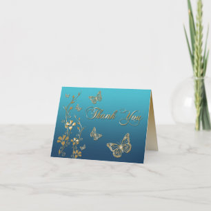 Carte de remerciements turquoise et or floral