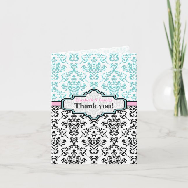 Carte De Remerciements Turquoise noir rose damas mariage Remerciements (Devant)