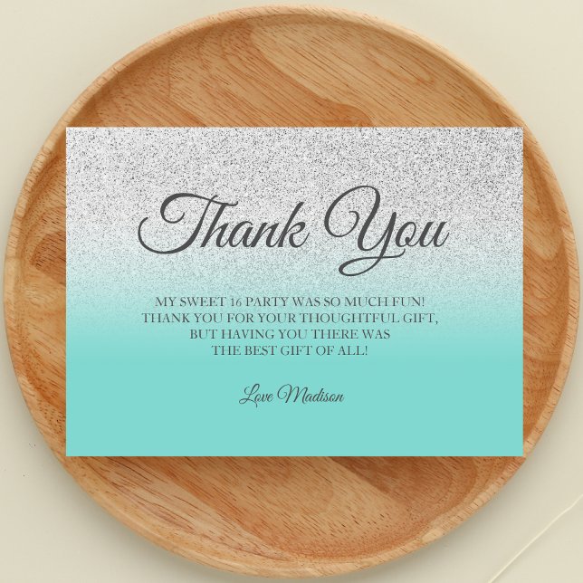 Carte De Remerciements Turquoise parties scintillant argent bleu vert mer (Teal Blue Thank You Card)