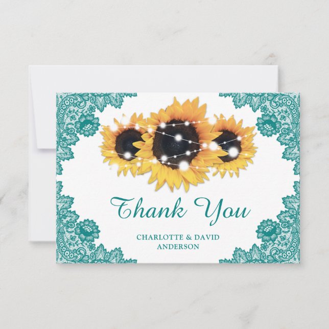 Carte De Remerciements Turquoise Rustic Chic Lace Mariage de tournesol (Devant)