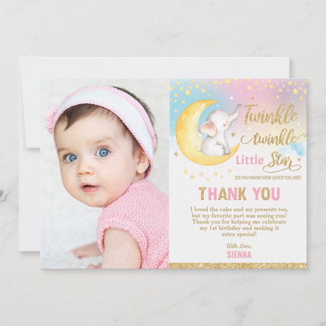 Carte De Remerciements Twinkle Little Star Elephant 1er anniversaire (Devant)