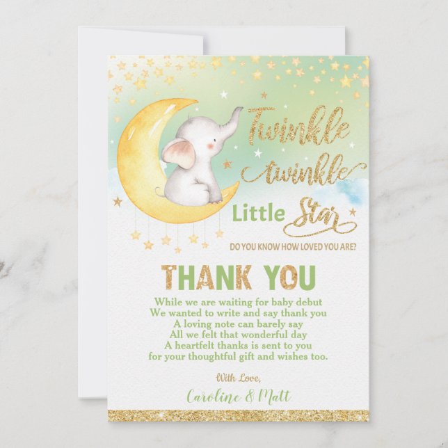 Carte De Remerciements Twinkle Little Star Éléphant Baby Shower Neutre (Devant)