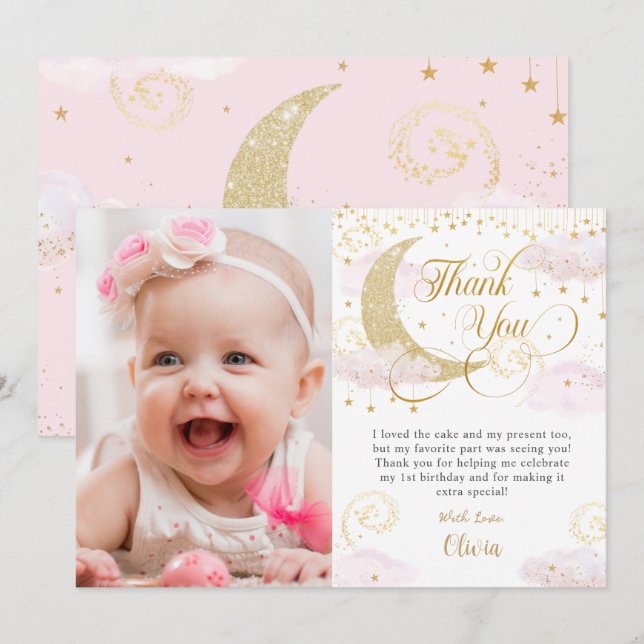 Carte De Remerciements Twinkle Little Star Rose Fantaisiste Photo D'anniv (Devant / Derrière)
