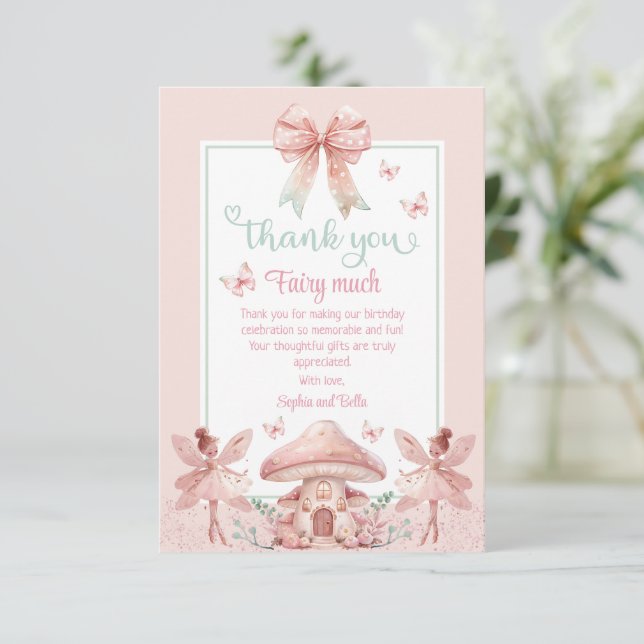 Carte De Remerciements Twins Fairy Girls Mushroom House Ribbon Anniversai (Debout devant)