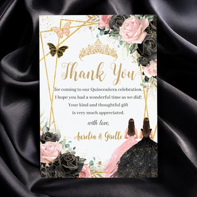 Carte De Remerciements Twins Quinceañera Sweet 16 Floral rose noir (twins quinceanera sweet 16 black and pink roses floral gold geometric princesses thank you cards)