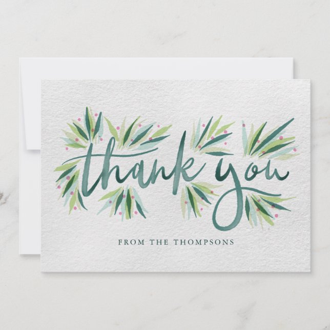 Carte De Remerciements Typographie de l'aquarelle verte avec feuillage (Devant)