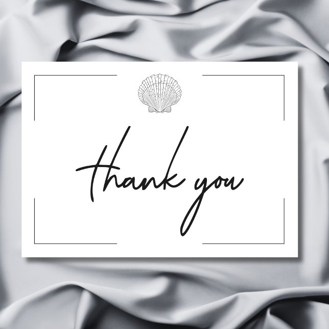 Carte De Remerciements Typographie minimale Mariage de coquillage noir et (Minimal Typography Black & White Seashell Wedding Thank You Card)