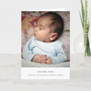 Carte De Remerciements Typographie noire minimaliste Photo de bébé pliée