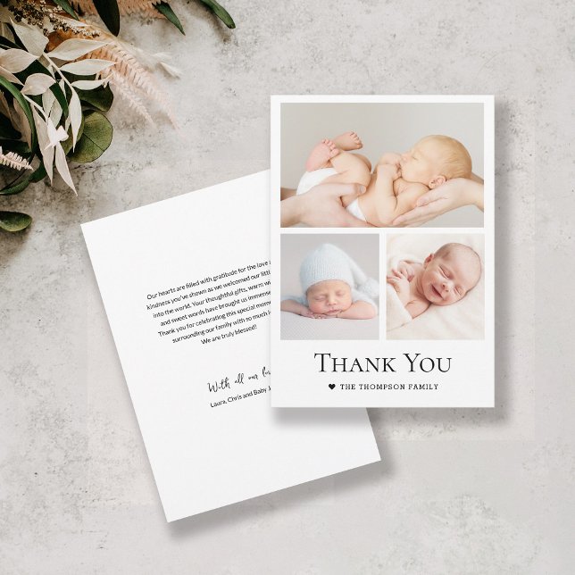 Carte De Remerciements Typographie simple Grille photo Baby Boy (Simple, chic custom 3 photo grid thank you baby shower card.)
