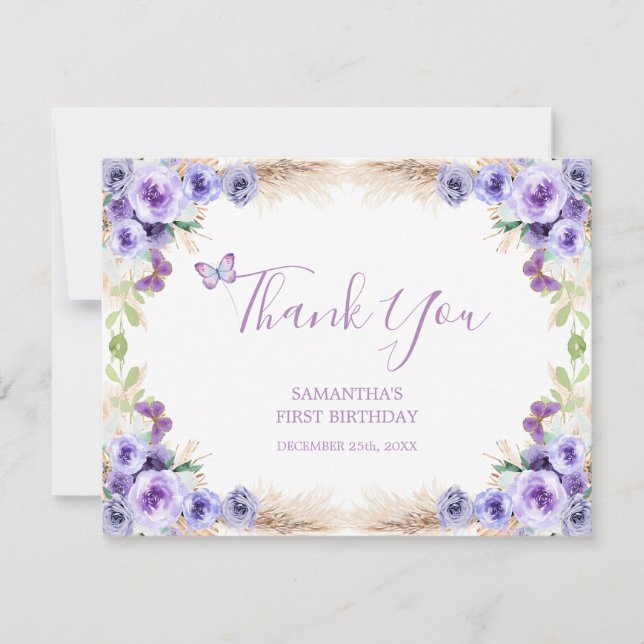 Carte De Remerciements Un an Flutted Butterfly premier anniversaire Flora (Devant)