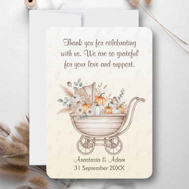 Carte De Remerciements Un Baby shower Boho Un Peu Citrouille (A Little Pumpkin Is On The Way Baby Shower Thank You Card with rustic baby carriage)