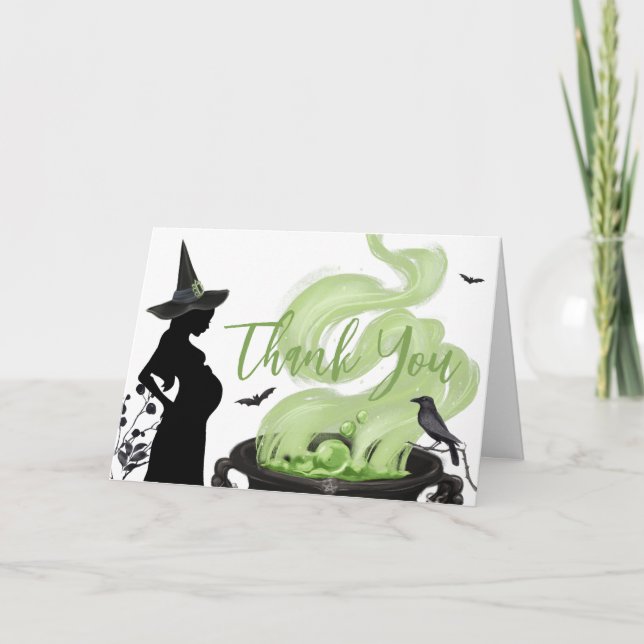 Carte De Remerciements Un bébé brasse un Baby shower d'Halloween vert (Devant)