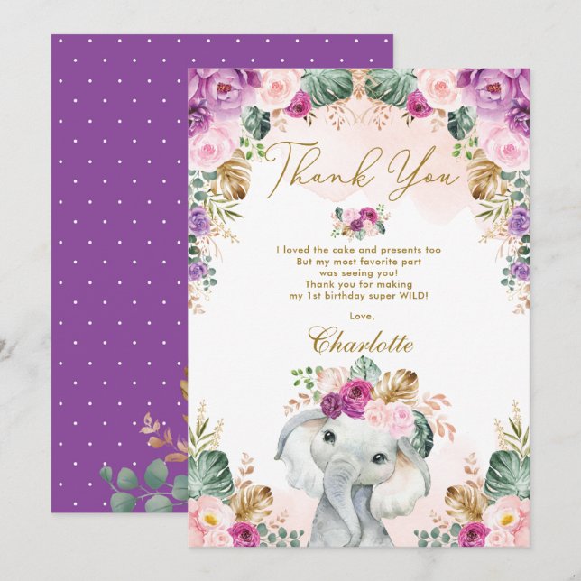 Carte De Remerciements Un Boho sauvage Éléphant rose violet fleuri Annive (Devant / Derrière)