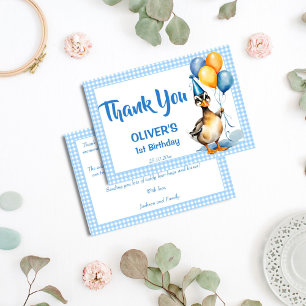 Carte De Remerciements Un canard chanceux bleu en vichy anniversaire merc