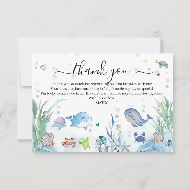 Carte De Remerciements Un jour sur la mer 1er Anniversaire Animaux marins (Devant)