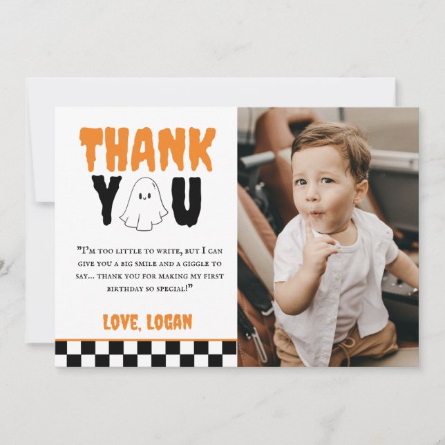 Carte De Remerciements Un joyeux Boo Retro Boy 1er Anniversaire Photo (Devant)