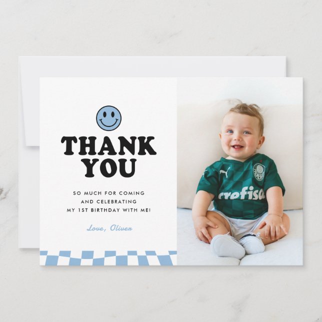 Carte De Remerciements Un joyeux Dude Blue Happy Photo Boy 1er anniversai (Devant)