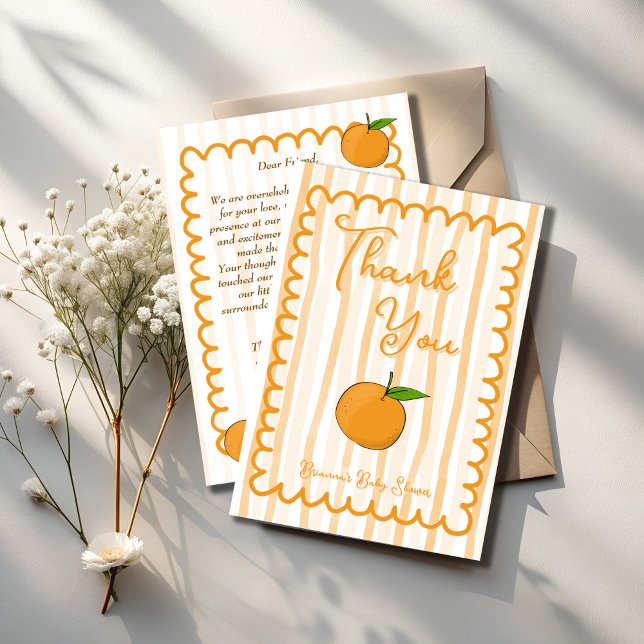 Carte De Remerciements Un petit baby shower d'agrumes géant (A little cutie whimsical orange handrawn wavy border sketch citrus baby shower thank you cards)