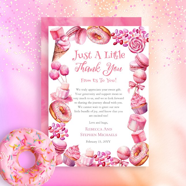 Carte De Remerciements Un petit bébé doux Baby shower de fille de cadre d (A Sweet Little Baby Candy Frame Girl Baby Shower "Just A Little Thank You" Thank You Card)