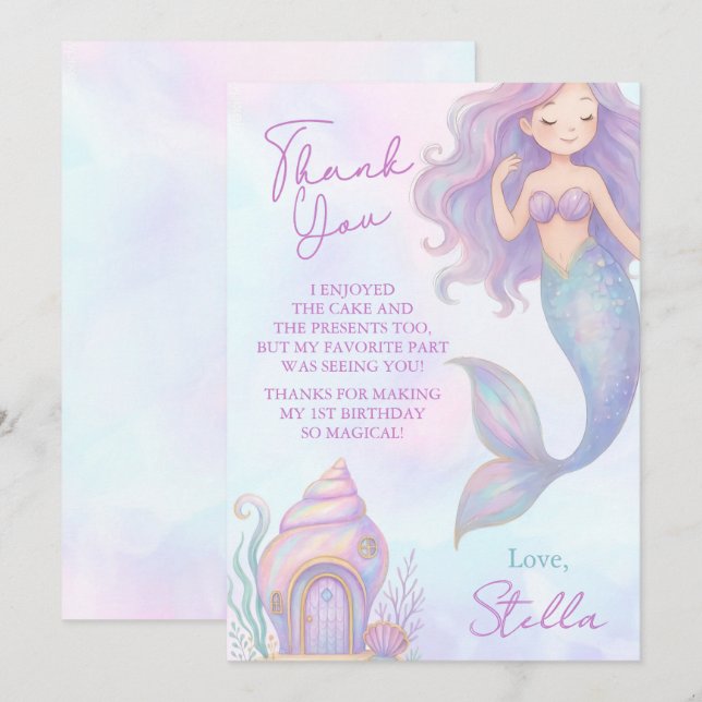 Carte De Remerciements Under the Sea Mermaid Sea Purple Girl 1st Birthday (Devant / Derrière)