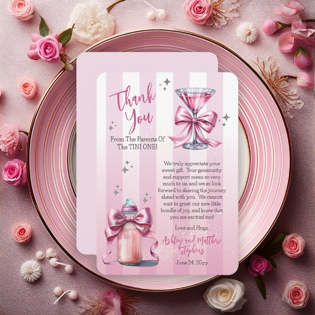 Carte De Remerciements Une Douce Petite Fille Fête Prénatale (Coquette Bows Martini | Bottle Girl Baby Shower Thank You Flat Card - "A Sweet Tini One" Collection)