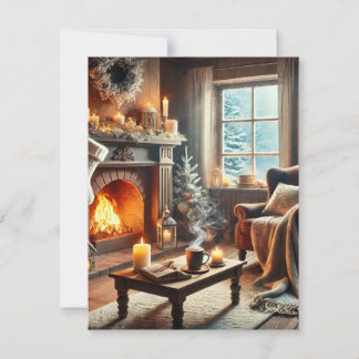 Carte De Remerciements Une scène hivernale confortable au coin d'une chau