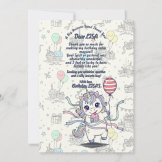 Carte De Remerciements Unicorn Fête magique Anniversaire
