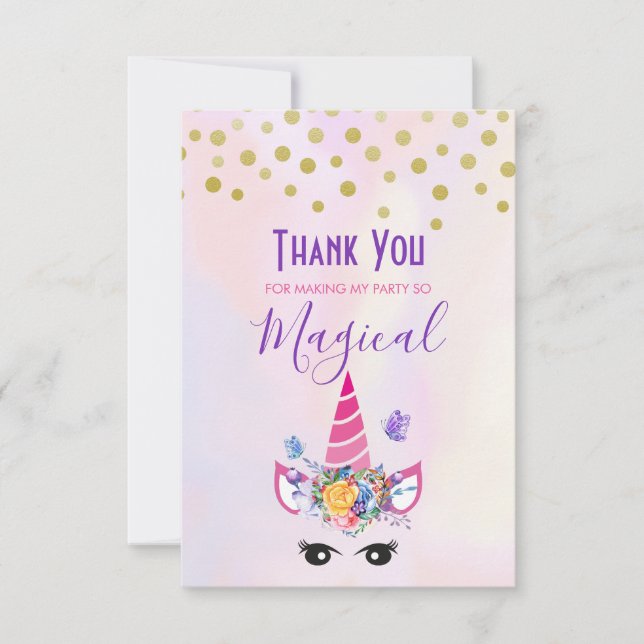 Carte De Remerciements Unicorne tendance avec Fleurs Papillons & Confetti (Devant)