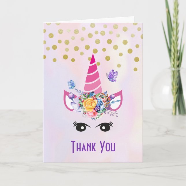 Carte De Remerciements Unicorne tendance avec Fleurs Papillons & Confetti (Devant)
