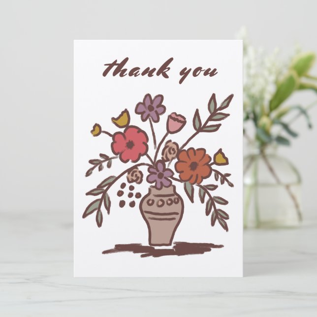 Carte De Remerciements Vase Floral Rustique Fantaisiste Dessin Neutre Kra (Debout devant)