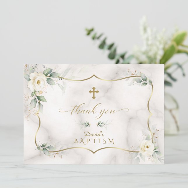 Carte De Remerciements Végétation aérée Marbre d'or floral blanc Baptême (Debout devant)