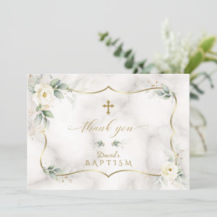 Carte De Remerciements Végétation aérée Marbre d'or floral blanc Baptême