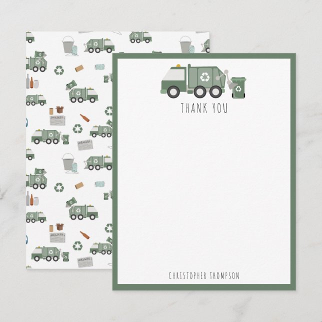 Carte De Remerciements Véhicules de camion de recyclage vert mignon pour  (Devant / Derrière)