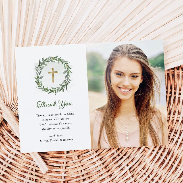 Carte De Remerciements Verdure et Croix d'or | Confirmation photo (Créateur téléchargé)