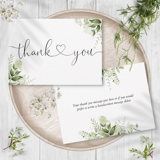 Carte De Remerciements Verdure Feuille Botanique Élégant Script Coeur (Greenery Leaves Botanical Elegant Script Heart Thank You Card)