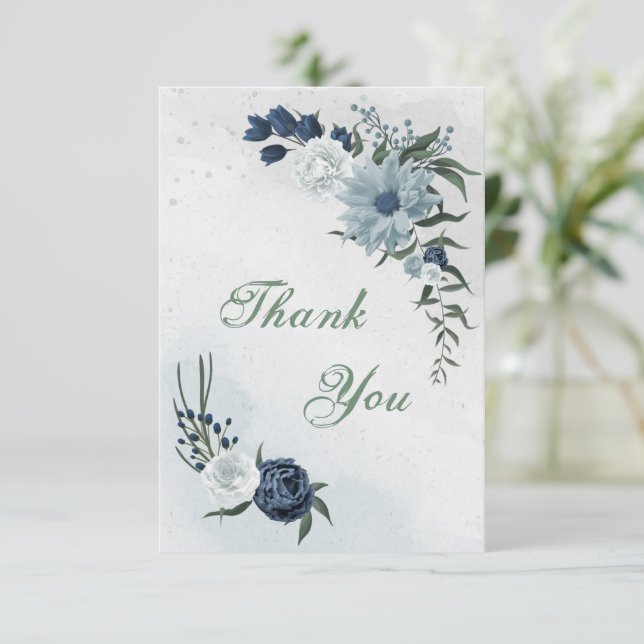 Carte De Remerciements verdure fleurie blanche et bleue (Debout devant)