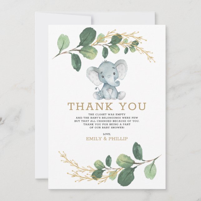 Carte De Remerciements Verdure moderne Baby shower neutre d'éléphant d'or (Devant)
