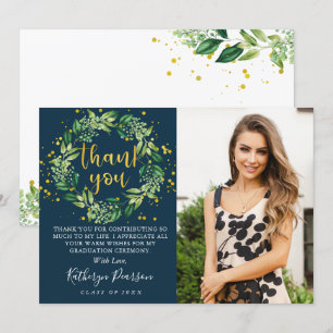 Carte De Remerciements Verdure Wreath Gold Marine Blue Graduation Photo T