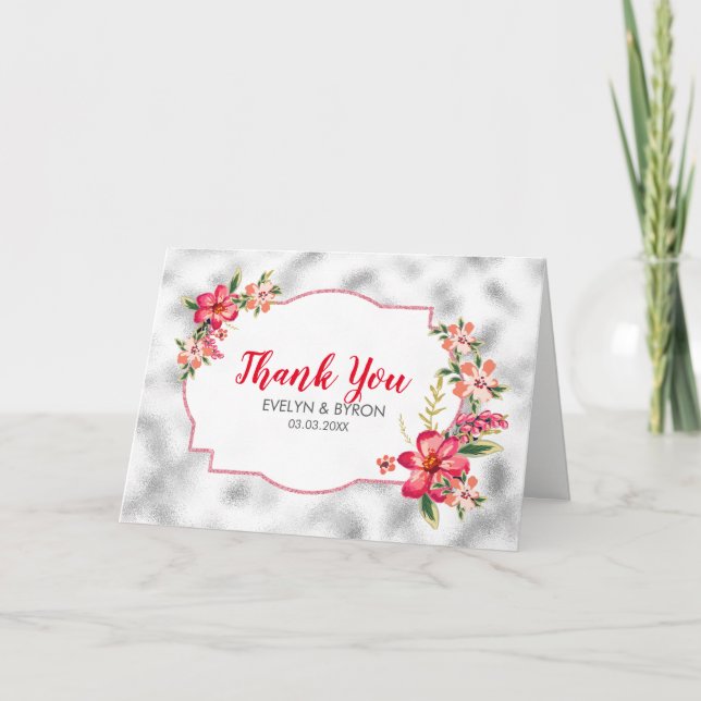 Carte De Remerciements Verre Gris Clair Et Fleurs Roses (Devant)