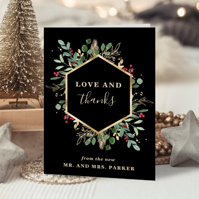 Carte De Remerciements Vert doré Noir | Photo Mariage de Noël (An elegant thank you card for your Christmas wedding)