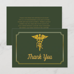 Carte De Remerciements Vert élégant Gold Rx Pharmacy Graduation