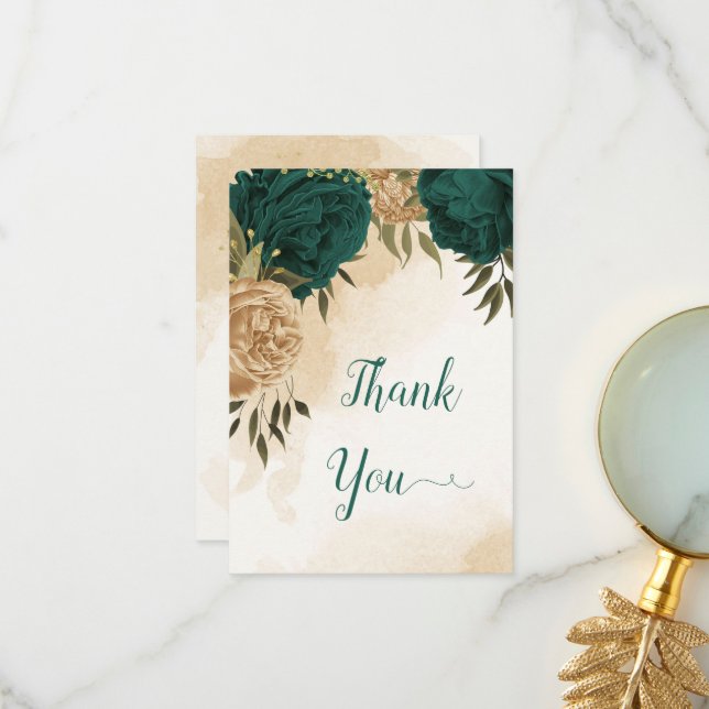 Carte De Remerciements Vert émeraude beige or botanique mariage (Devant/Arrière en situation)