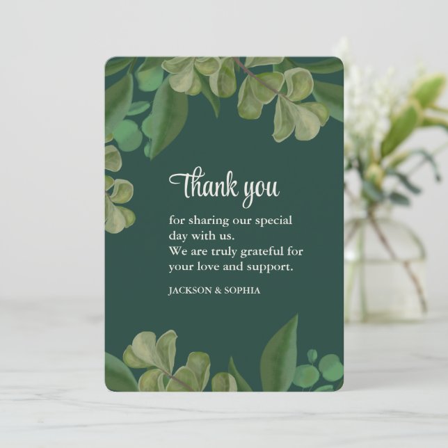Carte De Remerciements Vert émeraude Élégante verdure rustique feuilles l (Debout devant)