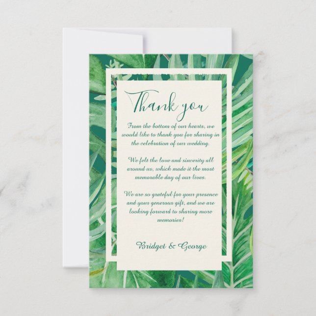 Carte De Remerciements vert émeraude mariage tropical (Devant)