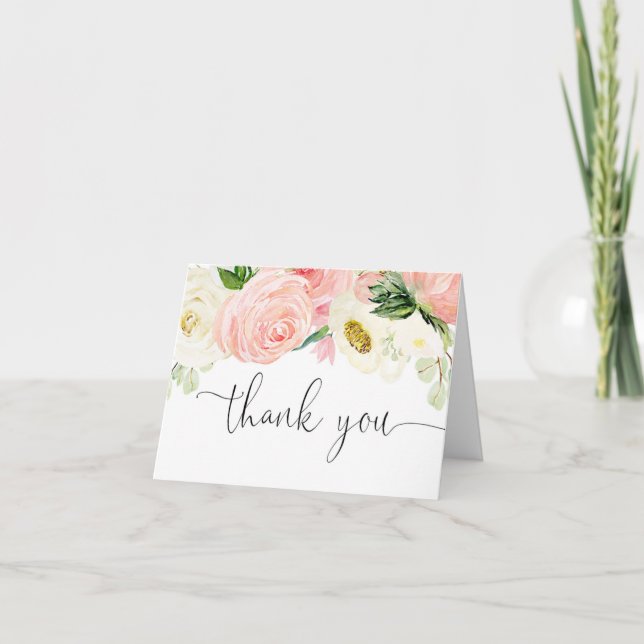 Carte De Remerciements Vert floral or rose pâle aquarelle élégant (Devant)