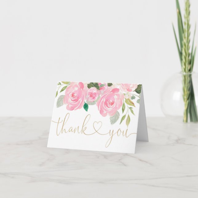 Carte De Remerciements Vert floral or rose pâle aquarelle élégant (Devant)