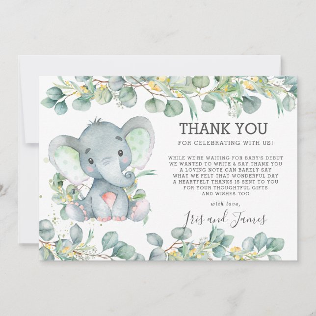 Carte De Remerciements Vert Joli Eléphant Baby shower Genre Neutre (Devant)